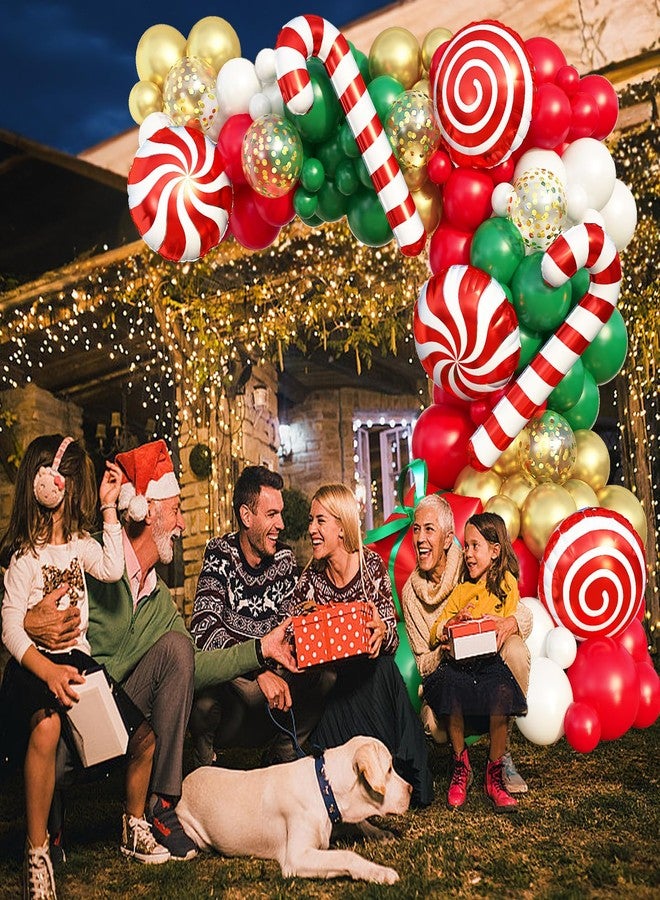 طقم بالونات عيد الميلاد مكون من 139 قطعة، بألوان الأحمر والأخضر الداكن والأبيض والذهبي المعدني، مع قوس بالونات على شكل عصا حلوى، وعلبة هدايا، وبالونات فويل لتزيين حفلات رأس السنة وأعياد الميلاد. - Image 4